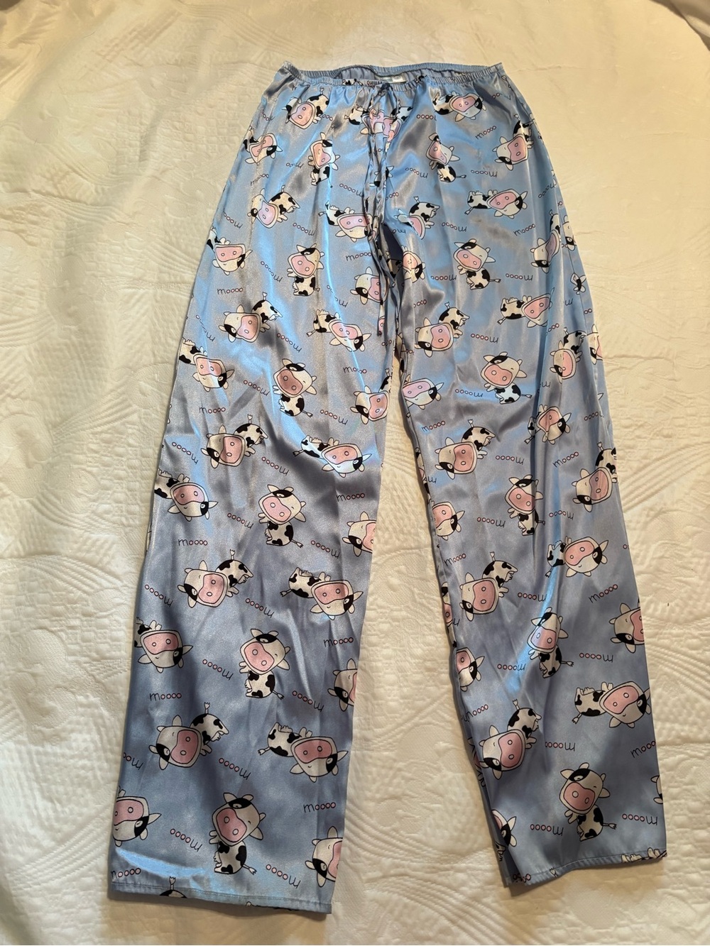 Women’s Blue Cow Print Satin Pajama Pants Size Small